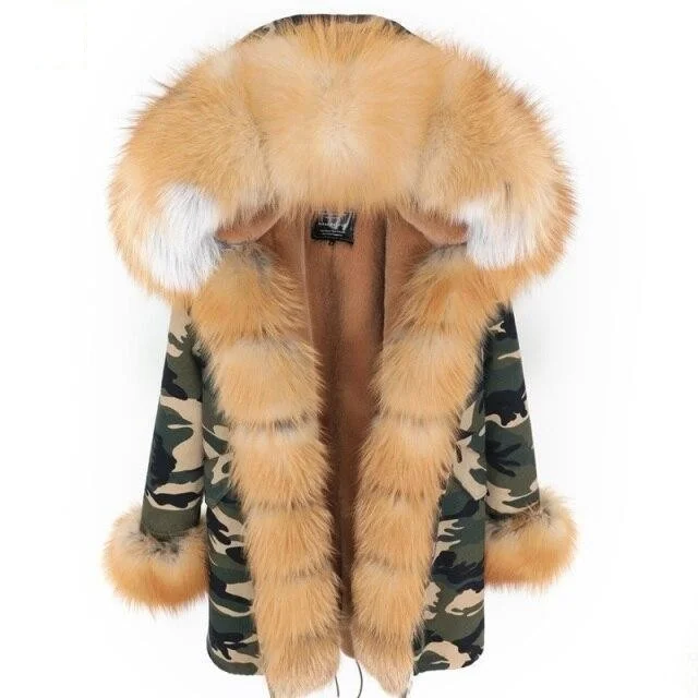 Hooded women's puffer coats in neon colors for high - visibility sportsCamo Color Women's Fox Fur Leather Hooded Long Detachable Coats & Jackets