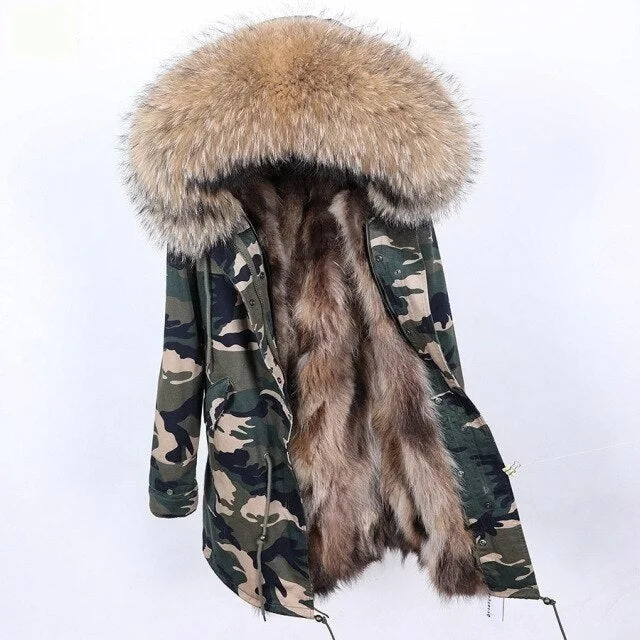 Mid - length women's down coats in a slim fit for a modern and sleek appearanceCamo Pattern Long Winter Jacket for Women with Natural Raccoon Fur Hood Mid - length women's down coats in a slim fit for a modern and sleek appearanceCamo Pattern Long Winter Jacket for Women with Natural Raccoon Fur Hood