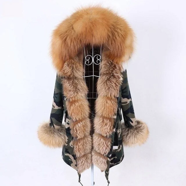 Women's long - sleeve wool coats in a houndstooth pattern for a classic charmCamo Pattern Natural Fur Collar Hooded Long-Sleeved Winter Jacket for Women Women's long - sleeve wool coats in a houndstooth pattern for a classic charmCamo Pattern Natural Fur Collar Hooded Long-Sleeved Winter Jacket for Women
