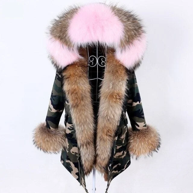 Women's faux fur coats in bright colors for a bold fashion statementCamo Pattern Women's Natural Real Fur Collared Coat Parka Jacket for Winter