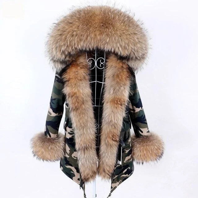 Women's pea coats with brass buttons for a nautical - inspired styleCamouflage Pattern Women's Natural Real Fur Collared Coat Jacket for Winter