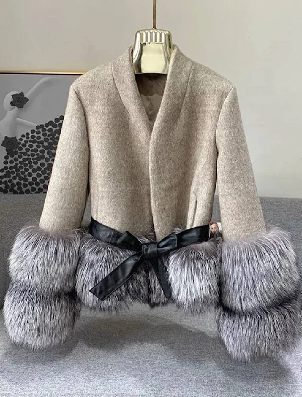 Hooded women's puffer coats in neon colors for high - visibility sportsCashmere Jacket with Dusty Black Fox Fur Trim Leather Waist Tie Hooded women's puffer coats in neon colors for high - visibility sportsCashmere Jacket with Dusty Black Fox Fur Trim Leather Waist Tie