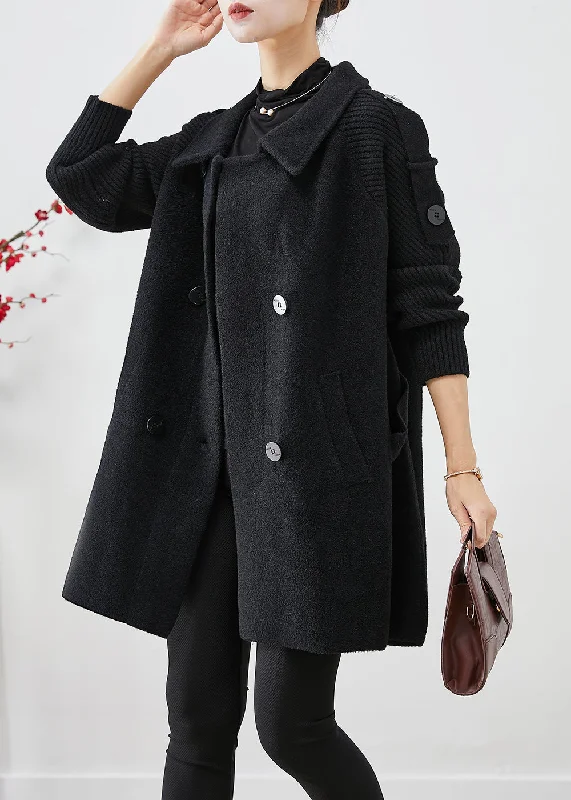 Mid - length women's down coats in a slim fit for a modern and sleek appearanceCasual Black Double Breast Patchwork Woolen Trench Coats Fall Mid - length women's down coats in a slim fit for a modern and sleek appearanceCasual Black Double Breast Patchwork Woolen Trench Coats Fall