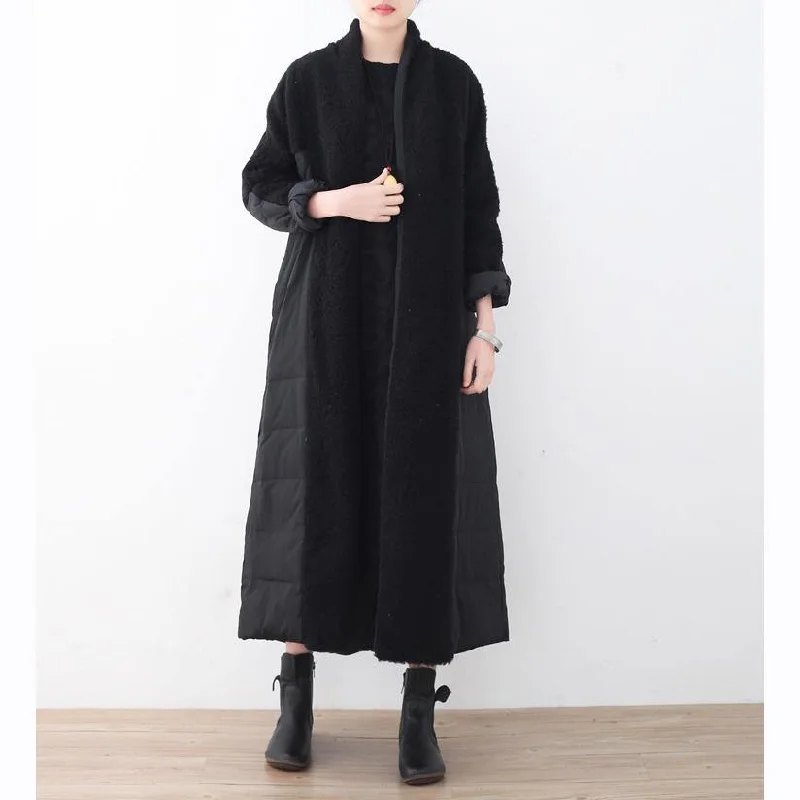 Women's pea coats with brass buttons for a nautical - inspired styleCasual black Parka Loose fitting V neck patchwork Parka thick pockets coats