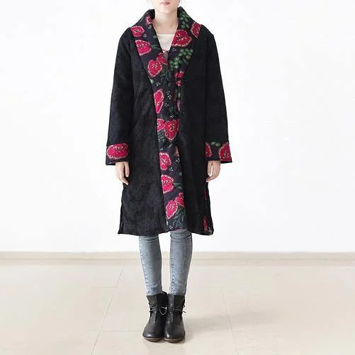 Embroidered women's cotton coats in a bohemian pattern for a unique designCasual black print parkas overcoat Loose fitting patchwork down jacket women side open coats