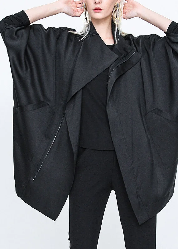 Water - resistant women's trench coats with adjustable cuffs for rainy daysCasual Black Stand Collar Zippered Batwing Trench Coats Long Sleeve Water - resistant women's trench coats with adjustable cuffs for rainy daysCasual Black Stand Collar Zippered Batwing Trench Coats Long Sleeve