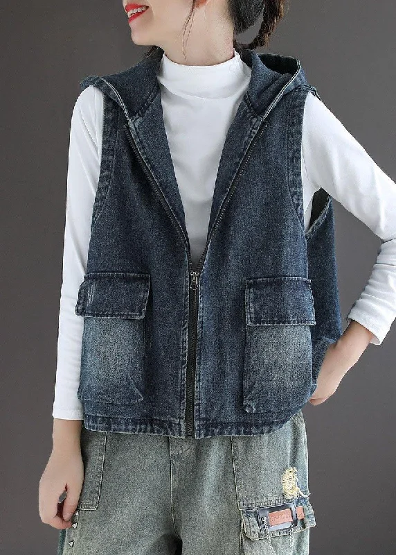 Women's long - sleeve wool coats in a houndstooth pattern for a classic charmCasual Blue Denim Zippered Pockets Fall Sleeveless Waistcoat Women's long - sleeve wool coats in a houndstooth pattern for a classic charmCasual Blue Denim Zippered Pockets Fall Sleeveless Waistcoat