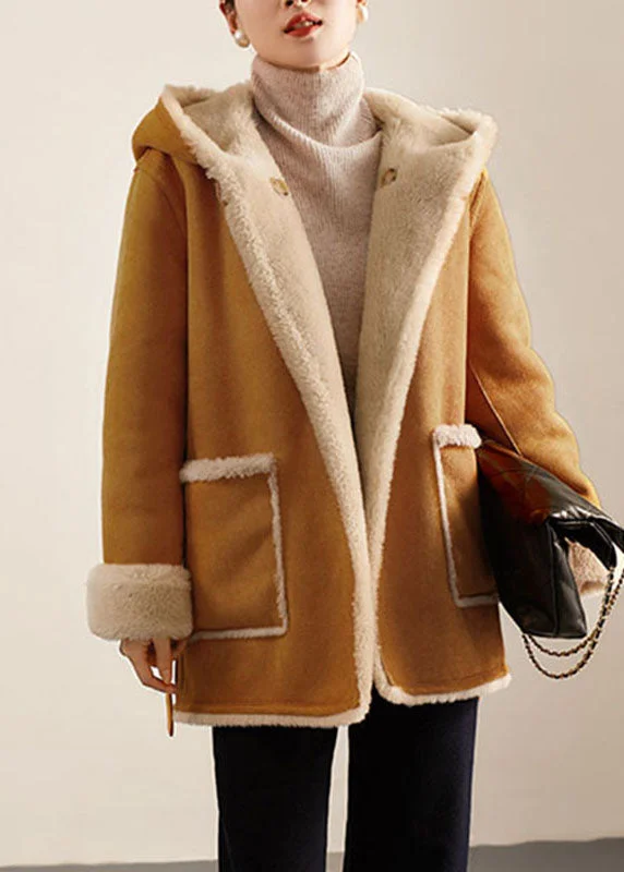 Women's knee - length wool blend coats with a fur collar for added warmthCasual Camel Patchwork Sashes Warm Fleece Wooled Blended Hooded Coat Winter