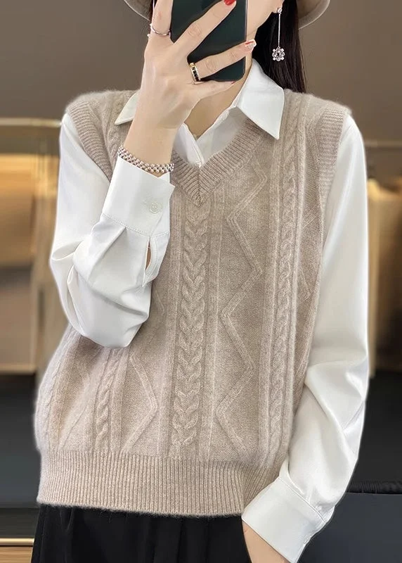 Hooded women's puffer coats in neon colors for high - visibility sportsCasual Camel V Neck Thick Cable Wool Knit Waistcoat Fall