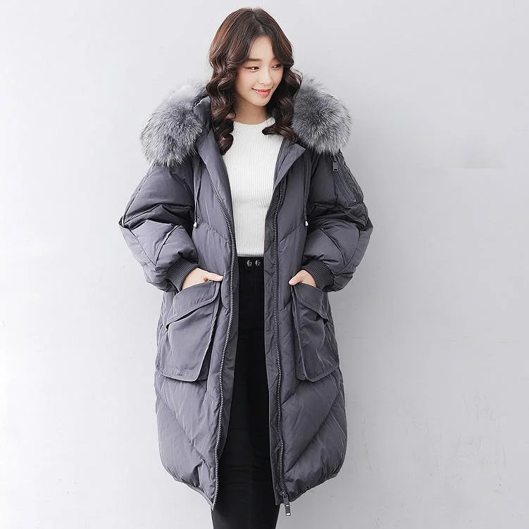 Plus size women's wool blend coats for a warm and stylish winterCasual gray down jacket woman casual hooded fur collar down jacket zippered Jackets