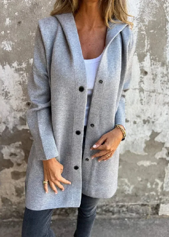 Long women's mac coats in a lightweight fabric for spring showersCasual Grey Hooded Button Pockets Cotton Coat Fall