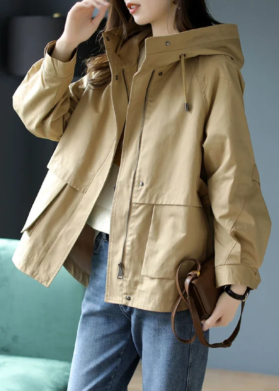 Long women's mac coats in a lightweight fabric for spring showersCasual Khaki Hooded Patchwork Cotton Coat Spring
