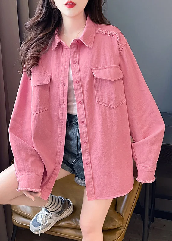 Women's reversible down coats with two - tone designs for versatile stylingCasual Pink Peter Pan Collar Pockets Denim Shirts Coat Fall