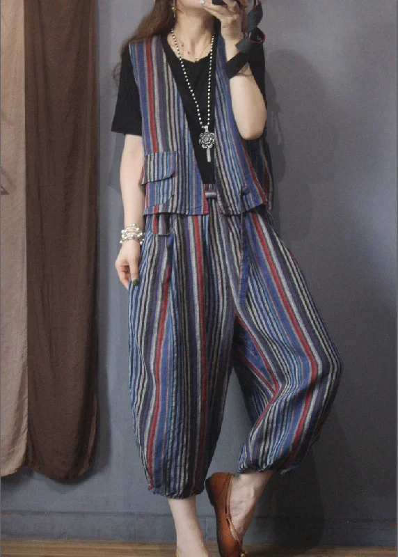 Women's cropped leather coats with silver studs for an edgy lookCasual Red Blue Striped Linen Waistcoat And Beam Pants Two Piece Set Outfits Summer Women's cropped leather coats with silver studs for an edgy lookCasual Red Blue Striped Linen Waistcoat And Beam Pants Two Piece Set Outfits Summer