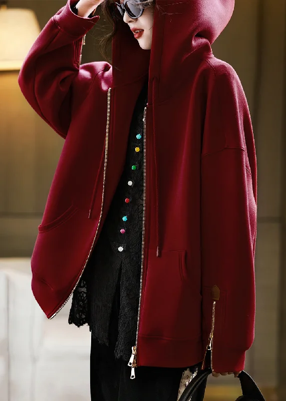 Long women's mac coats in a lightweight fabric for spring showersCasual Red Hooded Pockets Zippered Cotton Coats Fall