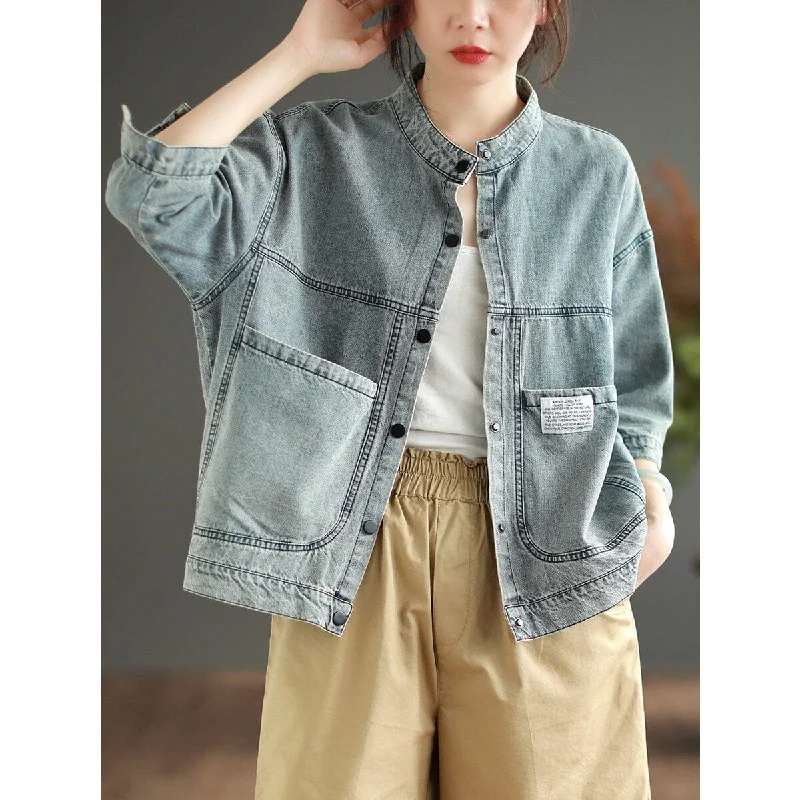 Women's reversible down coats with two - tone designs for versatile stylingCasual Retro Patchwork Autumn Denim Jacket Fall