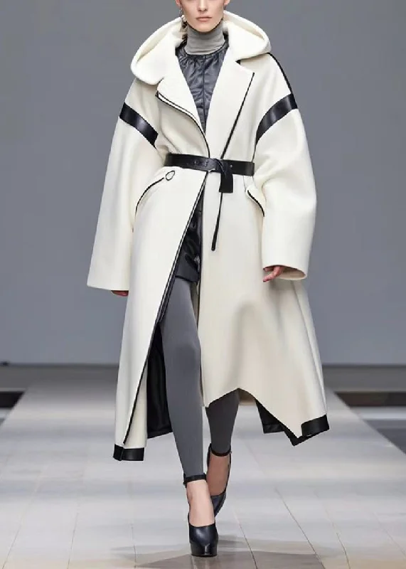 Shearling - lined women's leather coats for ultimate warmth and luxuryCasual White Tie Waist Patchwork Woolen Hoodie Coat Fall