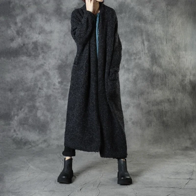 Women's cropped leather coats with silver studs for an edgy lookChic Black Loose Pockets Fall Sweaters Coat