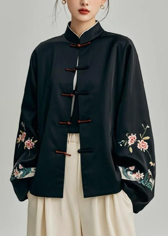 Mid - length women's down coats in a slim fit for a modern and sleek appearanceChic Black Print Patchwork Coats Fall