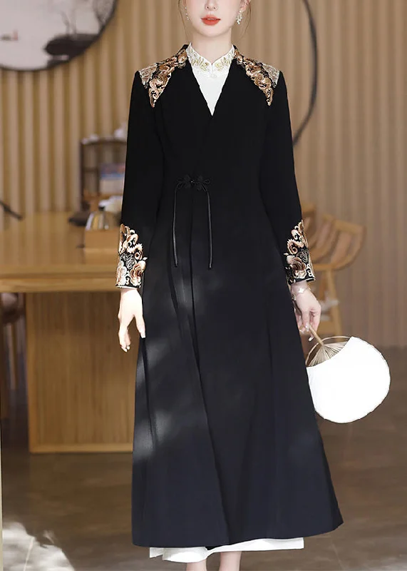 Shearling - lined women's leather coats for ultimate warmth and luxuryChic Black V Neck Embroideried Button Satin Trench Coats Fall