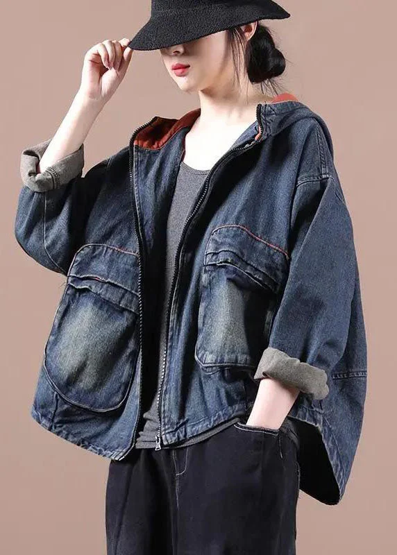 Mid - length women's down coats in a slim fit for a modern and sleek appearanceChic Blue Hooded Pockets zippered Fall Denim Coat Long sleeve