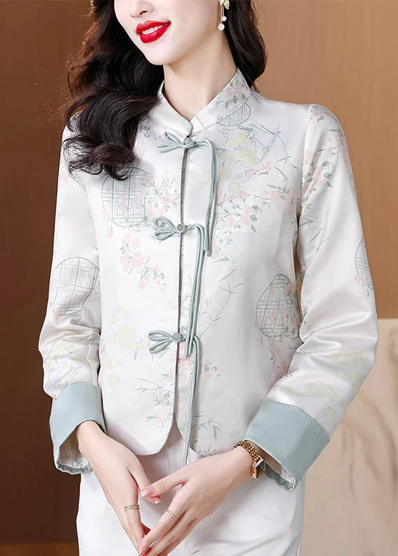 Mid - length women's down coats in a slim fit for a modern and sleek appearanceChic Blue Stand Collar Print Button Silk Coats Fall