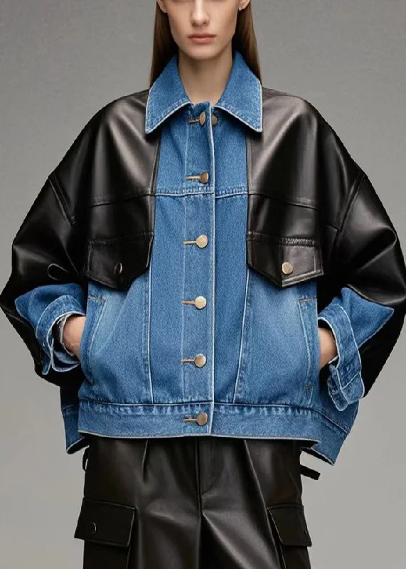 Plus size women's wool blend coats for a warm and stylish winterChic Denim Blue Oversized Patchwork Faux Leather Jackets Fall