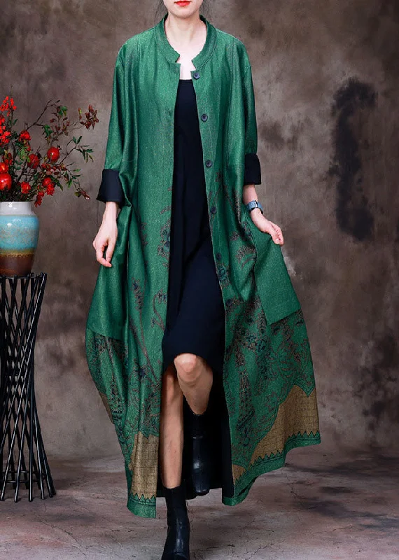 Checkered women's wool coats in a classic pattern for a timeless styleChic Green Stand Collar Pockets Print Silk Trench Coats Long Sleeve