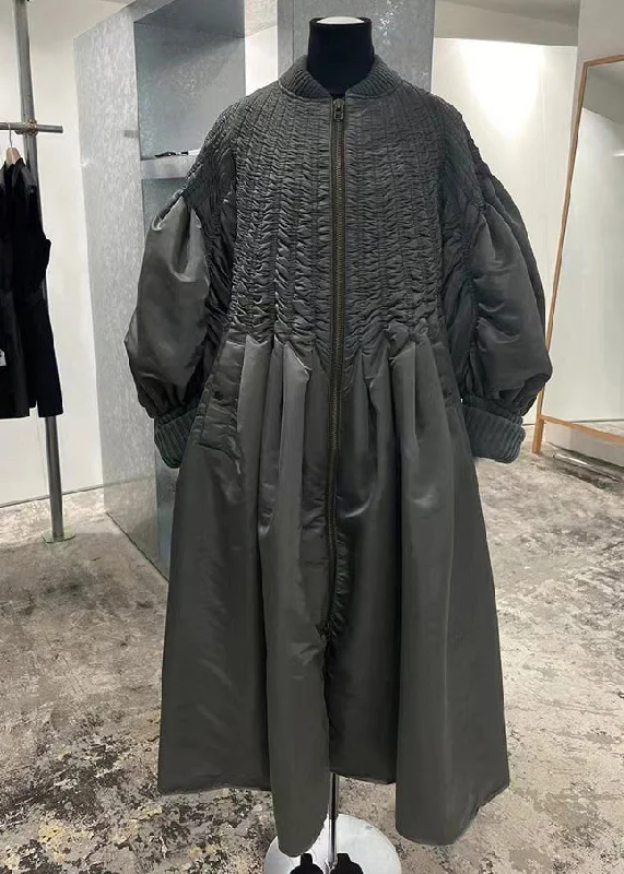 Women's longline double - breasted camel coats for a sophisticated lookChic Grey Zip Up Wrinkled Pockets Patchwork Fine Cotton Filled Coat Winter