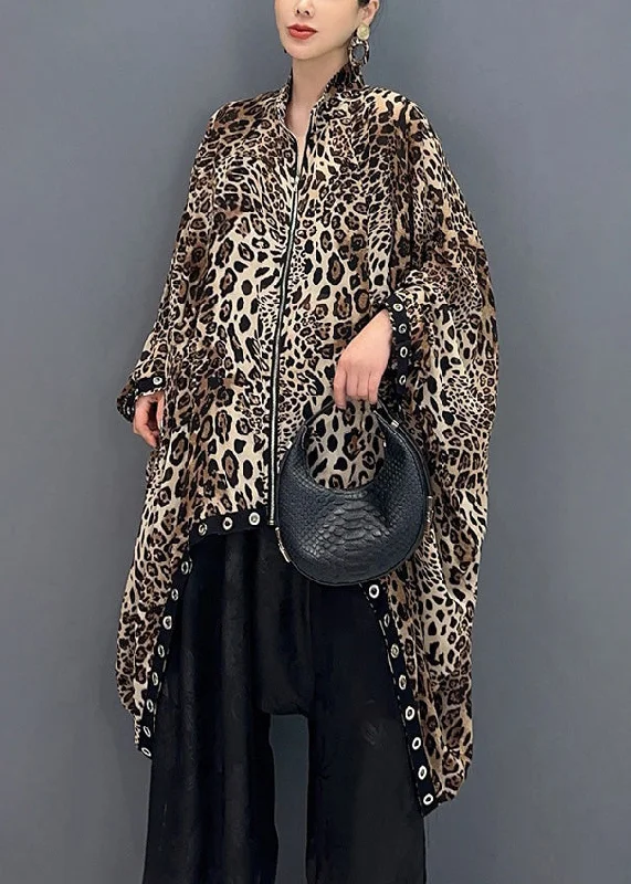 Women's longline double - breasted camel coats for a sophisticated lookChic Leopard Zippered Low High Design Cotton Coat Fall