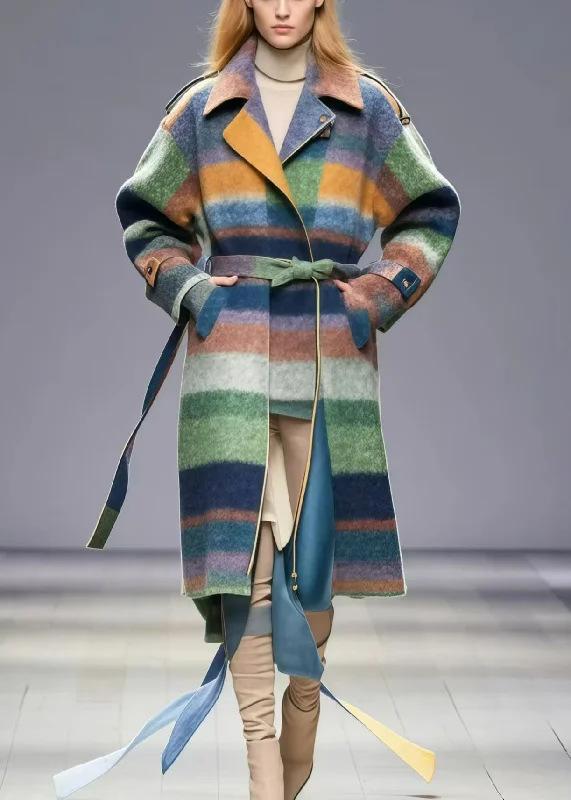 Petite women's wool blend coats with a tailored fit for a flattering silhouetteChic Multicolor Tie Waist Striped Woolen Coat Fall
