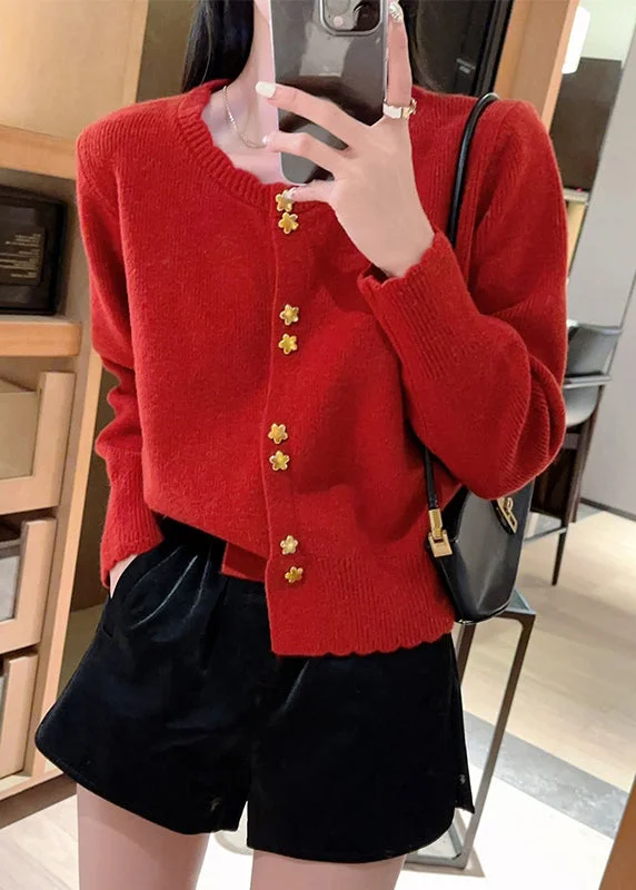 Embroidered women's cotton coats in a bohemian pattern for a unique designChic Red O Neck Button Knit Cardigan Coat Fall
