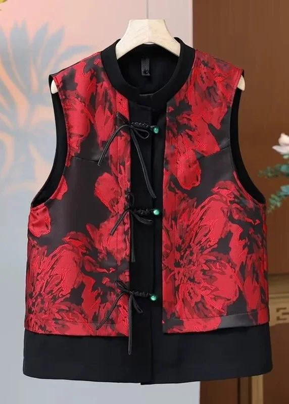 Women's waterproof parka coats with multiple pockets for practicalityChic Red O Neck Print Button Silk Waistcoat Sleeveless
