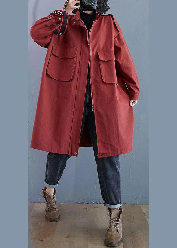 Hooded women's puffer coats in neon colors for high - visibility sportsChic Red Stand Collar Zippered Pockets Fall Long Sleeve Trench Coats