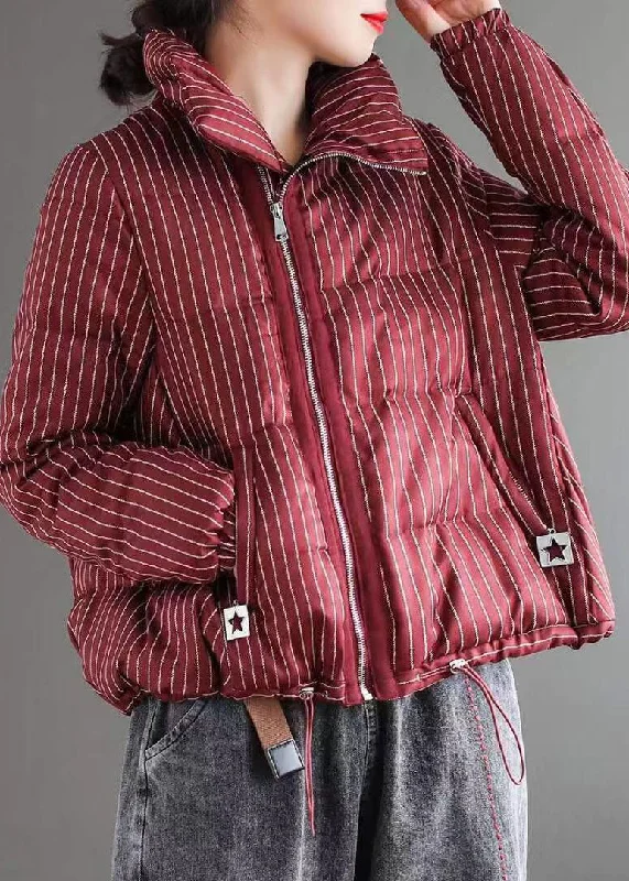Checkered women's wool coats in a classic pattern for a timeless styleChic Red Striped Stand Collar zippered Winter Chiffon Puffers Jackets