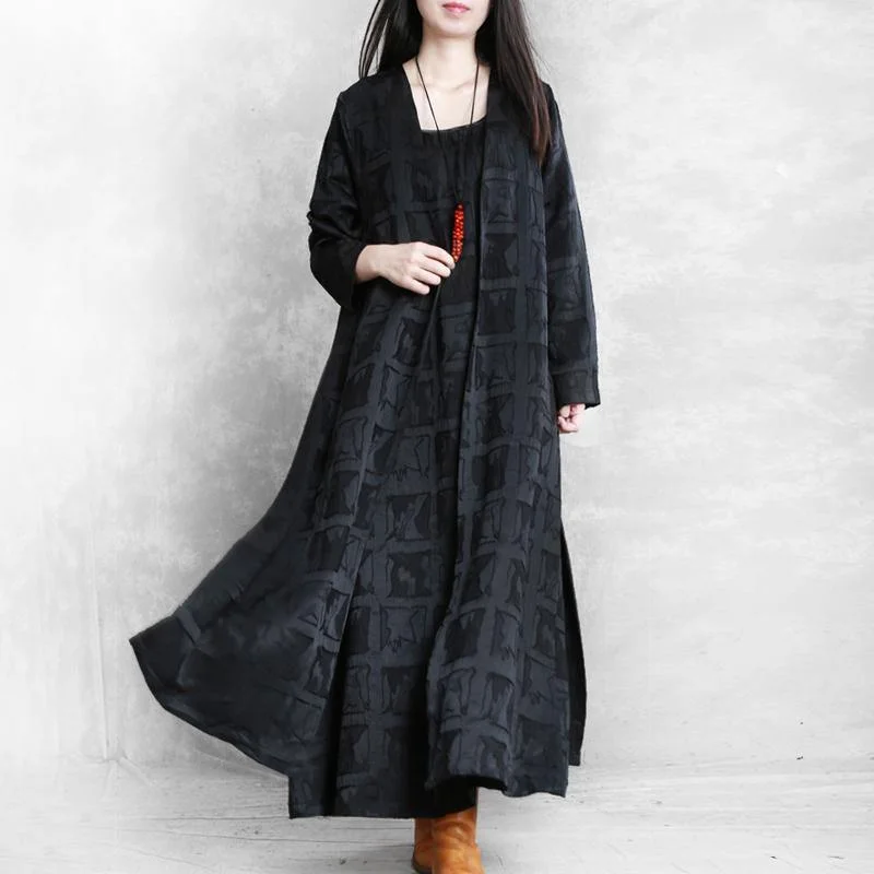 Belted women's cashmere coats in soft pastels for a luxurious feelChic side open two pieces Fashion Long coats black plaid Midi jackets fall