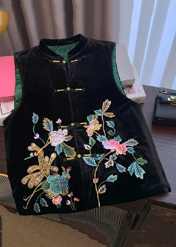 Women's knee - length wool blend coats with a fur collar for added warmthChinese Style Black Embroidered Button Silk Velour Waistcoat Sleeveless