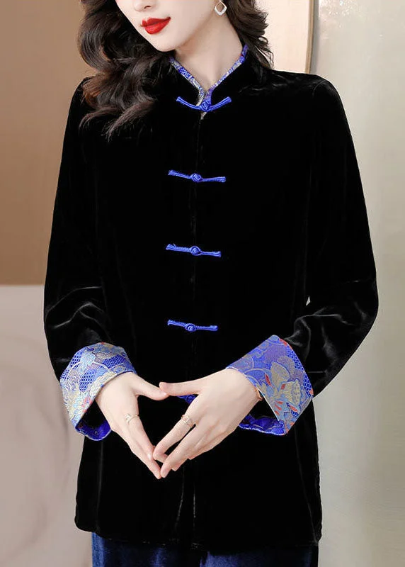 Women's long - sleeve wool coats in a houndstooth pattern for a classic charmChinese Style Black Print Button Silk Velour Coats Long Sleeve