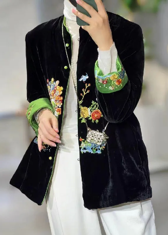 Petite women's wool blend coats with a tailored fit for a flattering silhouetteChinese Style Black Stand Collar Embroidered Patchwork Velour Coats Fall