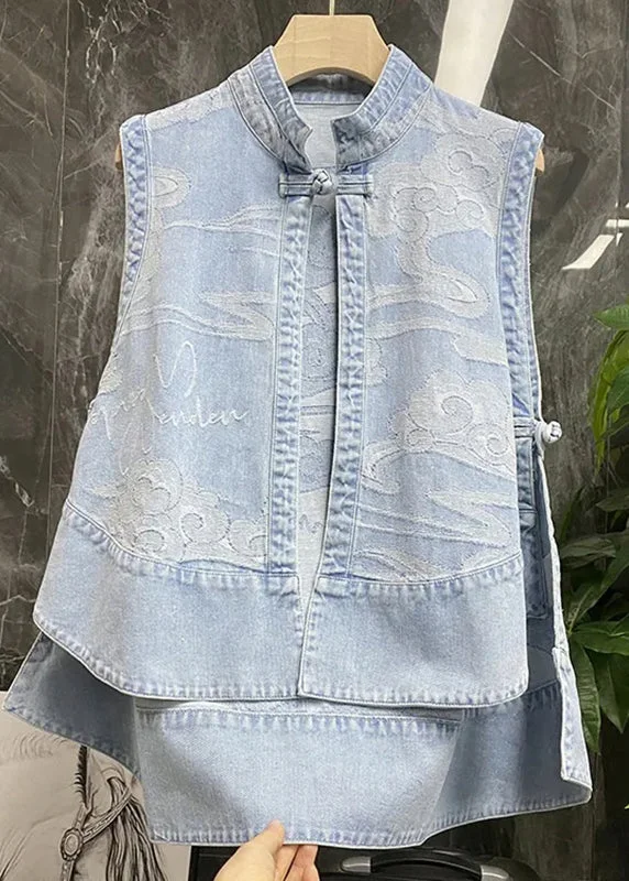 Long women's mac coats in a lightweight fabric for spring showersChinese Style Blue Stand Collar Print Patchwork Low High Design Denim Waistcoat Summer