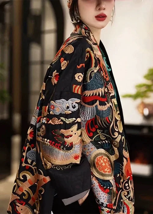 Shearling - lined women's leather coats for ultimate warmth and luxuryChinese Style Embroidered High-end Black Jacket Fall