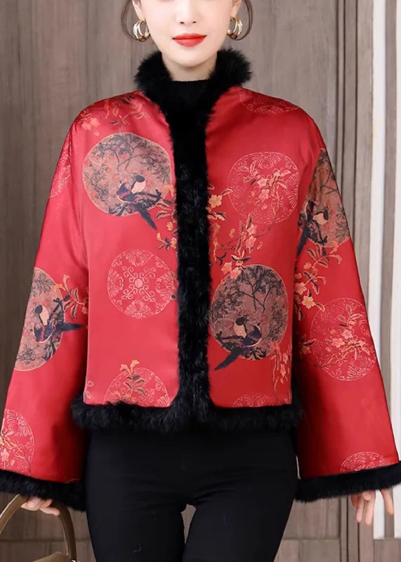Women's knee - length wool blend coats with a fur collar for added warmthChinese Style Red Fur Collar Print Patchwork Cotton Filled Coats Winter