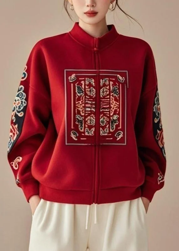 Water - resistant women's trench coats with adjustable cuffs for rainy daysChinese Style Red Stand Collar Print Zippered Fall Coats