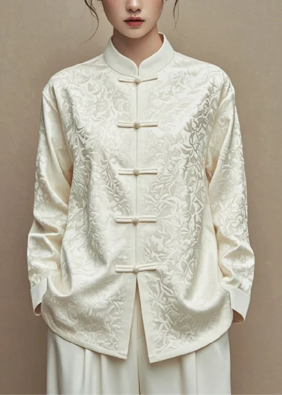 Quilted down women's coats with removable hoods for outdoor activitiesChinese Style White Stand Collar Button Coats Fall