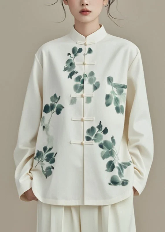 Women's pea coats with brass buttons for a nautical - inspired styleChinese Style White Stand Collar Print Coats Fall