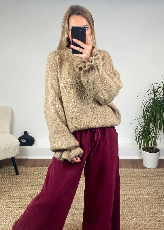 machine washable women cardigan for easy careClara Frill Sleeve Jumper in Camel