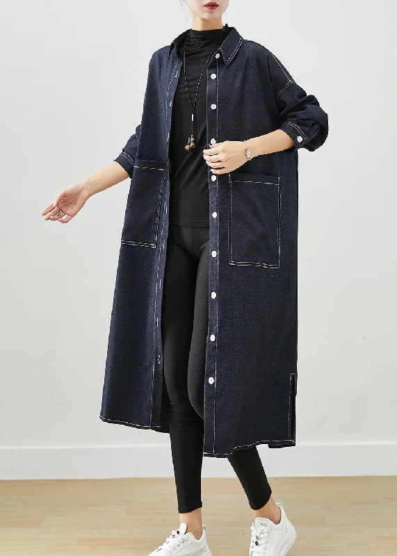 Women's reversible down coats with two - tone designs for versatile stylingClassy Black Oversized Pockets Side Open Denim Trench Coats Fall Women's reversible down coats with two - tone designs for versatile stylingClassy Black Oversized Pockets Side Open Denim Trench Coats Fall
