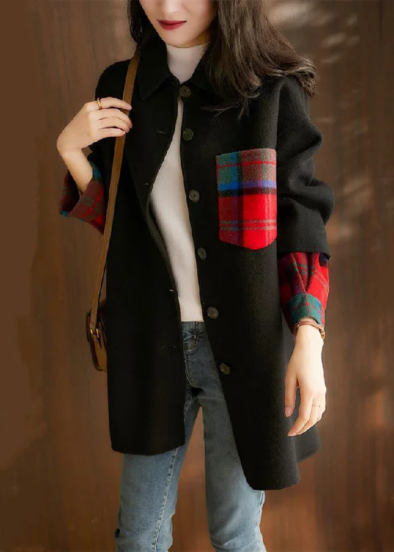 Women's longline double - breasted camel coats for a sophisticated lookClassy Black Peter Pan Collar Button Patchwork Woolen Coat Fall