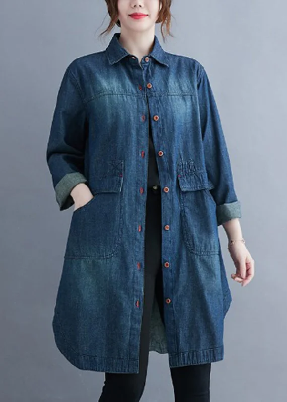 Oversized women's wool coats in a monochromatic look for a trendy outfitClassy Blue Peter Pan Collar Pockets Denim Coats Long Sleeve