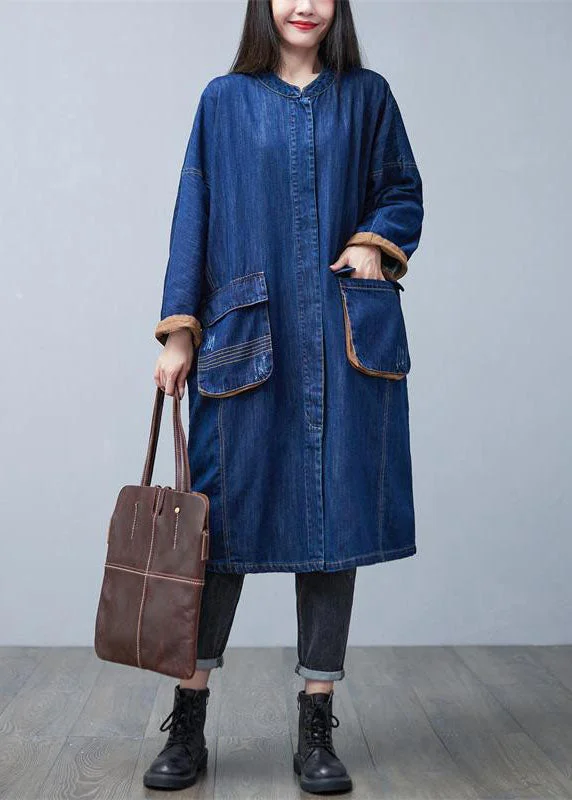Plus size women's wool blend coats for a warm and stylish winterClassy Blue Stand Collar Oversized Pockets Cotton Denim Trench Coat Spring Plus size women's wool blend coats for a warm and stylish winterClassy Blue Stand Collar Oversized Pockets Cotton Denim Trench Coat Spring